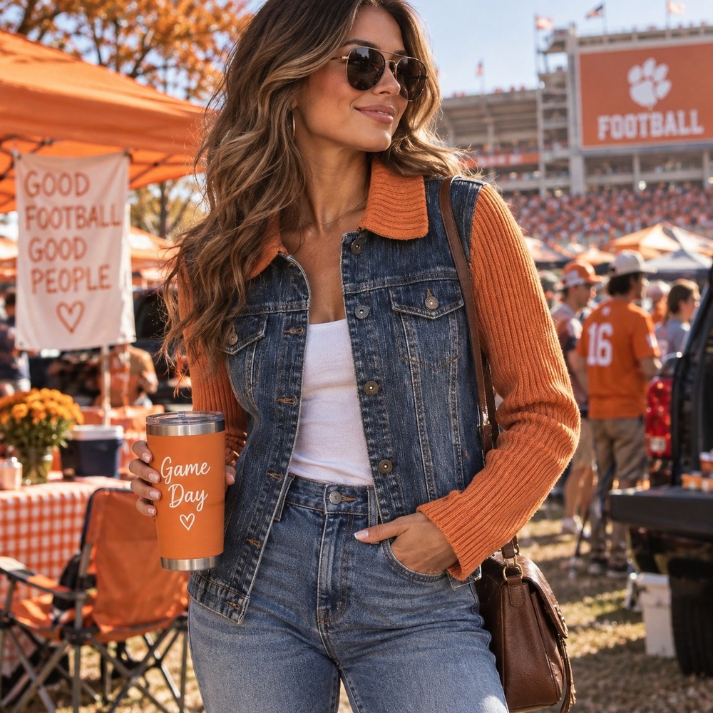 Vintage Y2K Denim Jacket L Orange Knit Western College Tigers Football Tailgate